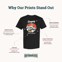 Thumbnail for Black t-shirt with a camping graphic and text highlighting print features on a white background.