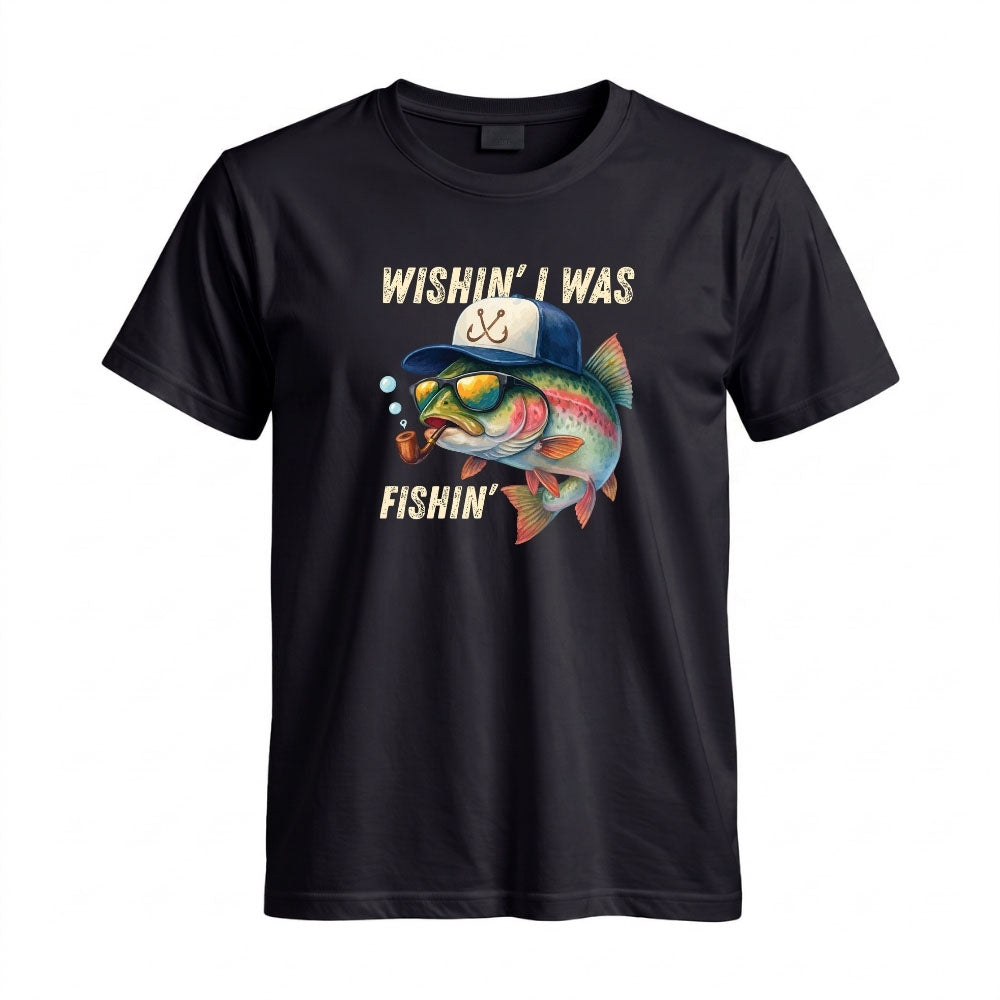 May include a Black Wishin' I Was Fishin' T-Shirt featuring a fishing-inspired graphic for anglers, boaters, lake lovers, and outdoor enthusiasts.
