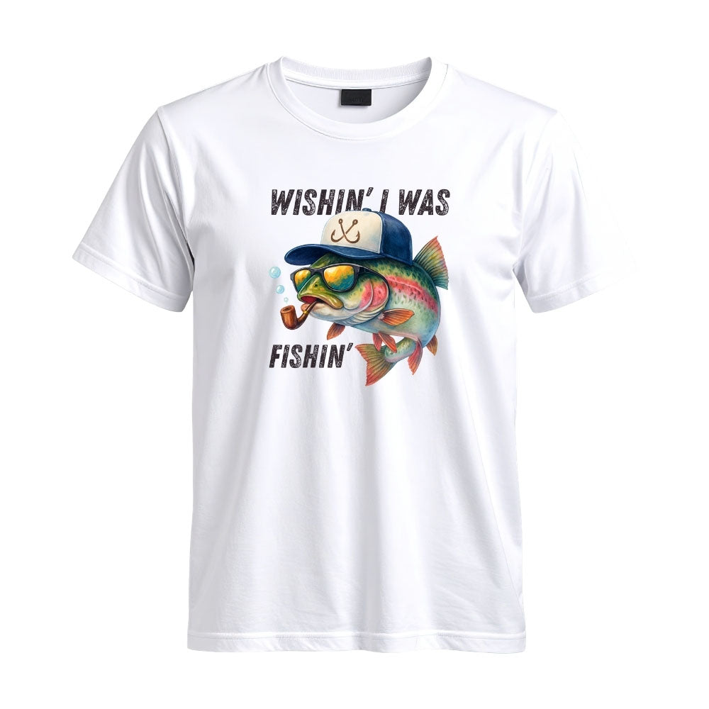 May include a White Wishin' I Was Fishin' T-Shirt featuring a fishing-inspired graphic for anglers, boaters, lake lovers, and outdoor enthusiasts.