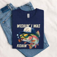 Thumbnail for May include a Navy Wishin' I Was Fishin' T-Shirt featuring a fishing-inspired graphic for anglers, boaters, lake lovers, and outdoor enthusiasts.
