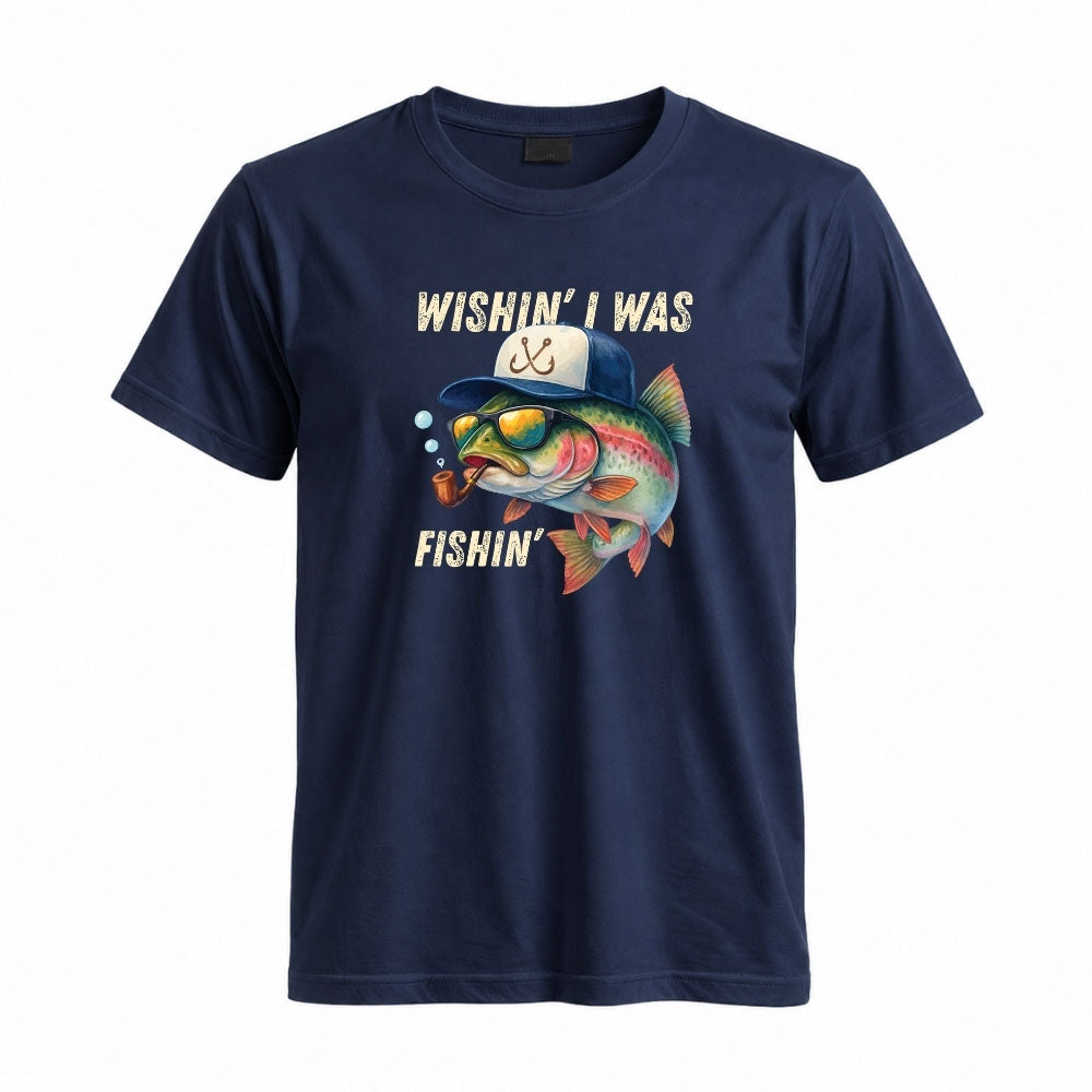 May include a Navy Wishin' I Was Fishin' T-Shirt featuring a fishing-inspired graphic for anglers, boaters, lake lovers, and outdoor enthusiasts.
