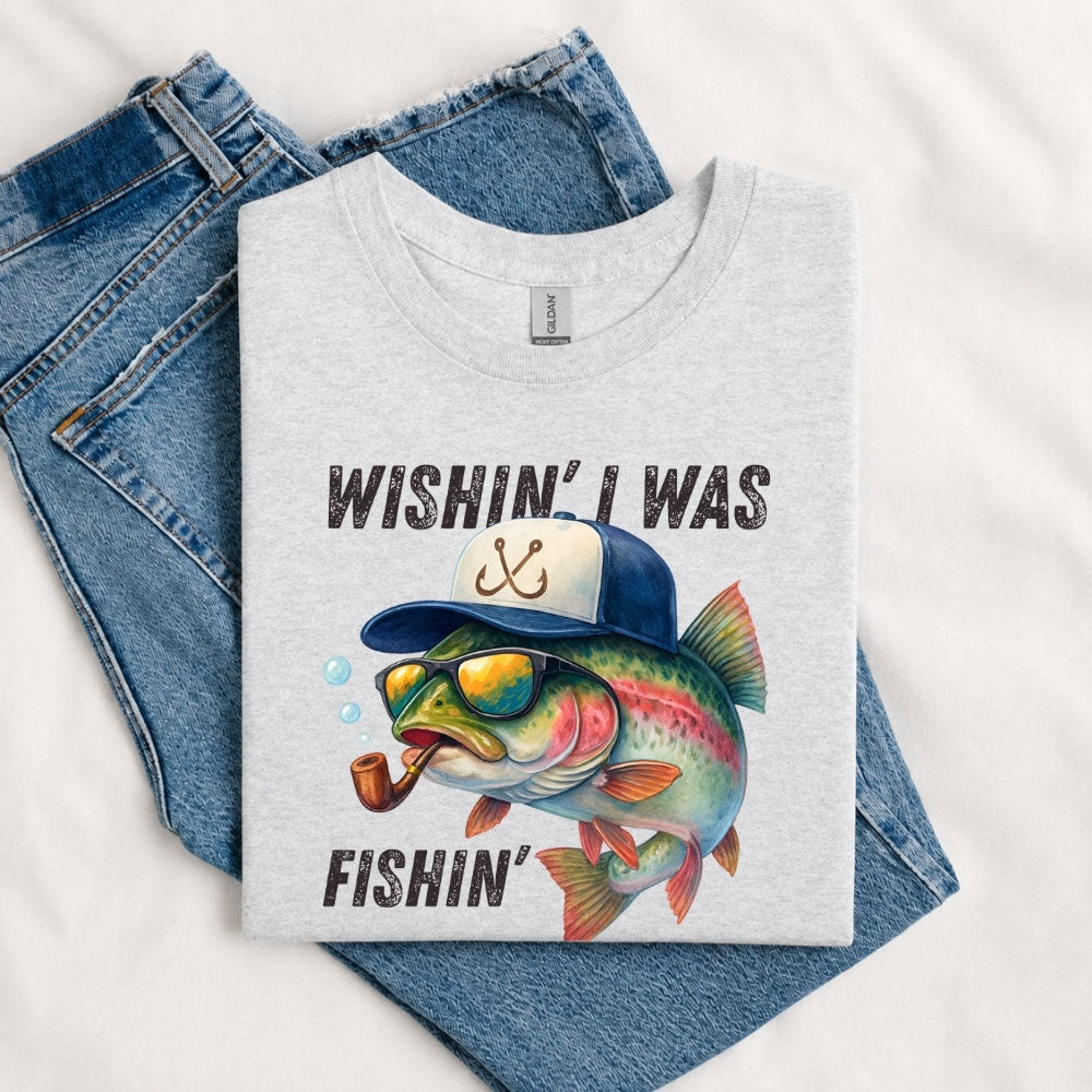 May include a Sport Grey Wishin' I Was Fishin' T-Shirt featuring a fishing-inspired graphic for anglers, boaters, lake lovers, and outdoor enthusiasts.