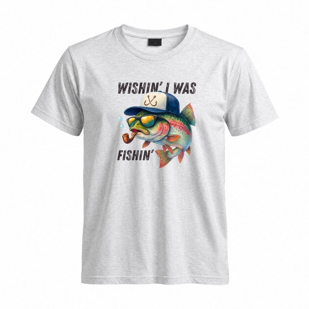 May include a Sport Grey Wishin' I Was Fishin' T-Shirt featuring a fishing-inspired graphic for anglers, boaters, lake lovers, and outdoor enthusiasts.