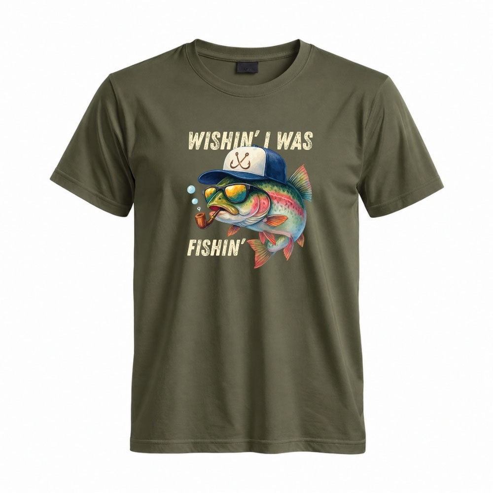 May include a Military Green Wishin' I Was Fishin' T-Shirt featuring a fishing-inspired graphic for anglers, boaters, lake lovers, and outdoor enthusiasts.