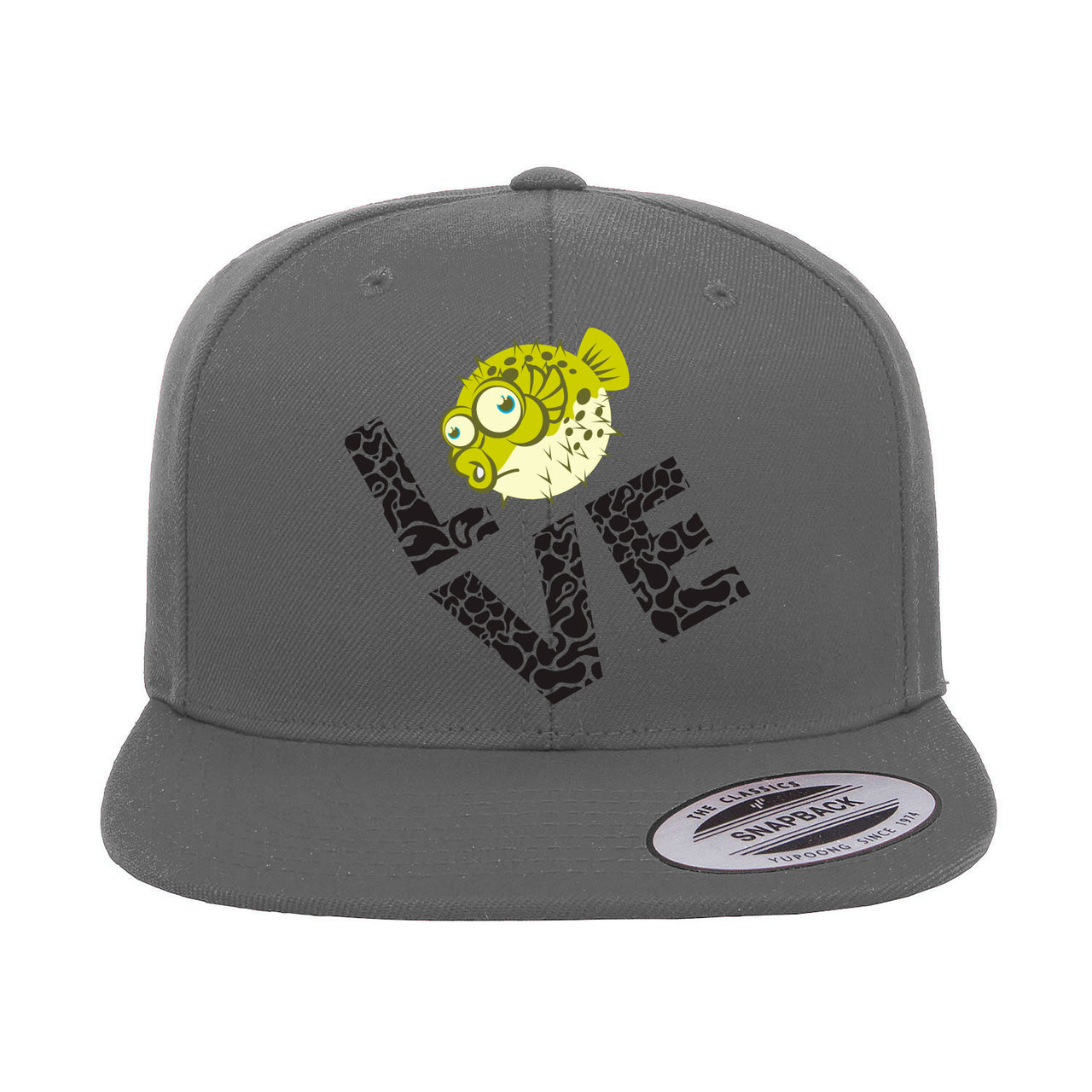 Love Fishing Green Blowfish Globe Flat Bill Cap